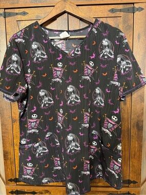 Disney Black Scrub Top with Purple and Orange Jack Skellington Print Large